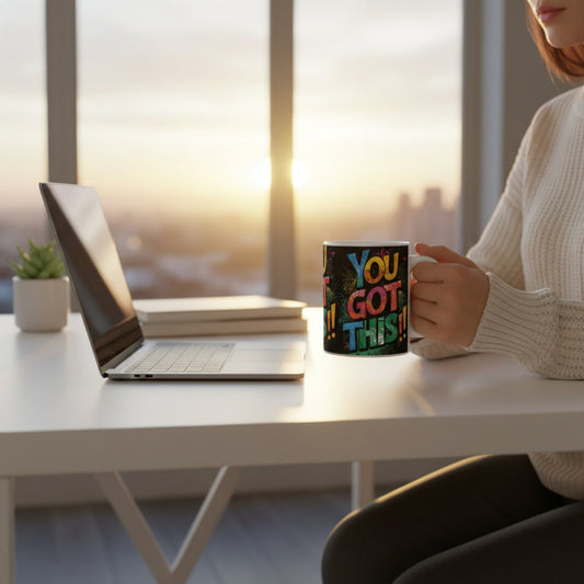 Person holding a mug with 'YOU GOT THIS!!' text in a home office setting