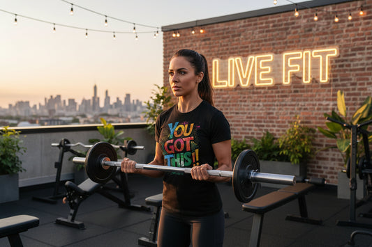 Black t-shirt with a colorful 'YOU GOT THIS!!' text design with a LIVE FIT sign in the background.