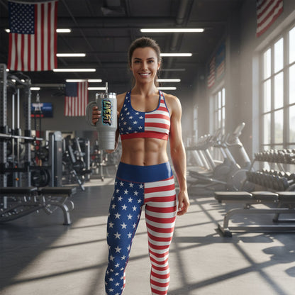 Woman in American flag-themed athletic wear holding a supplement container in a gym.