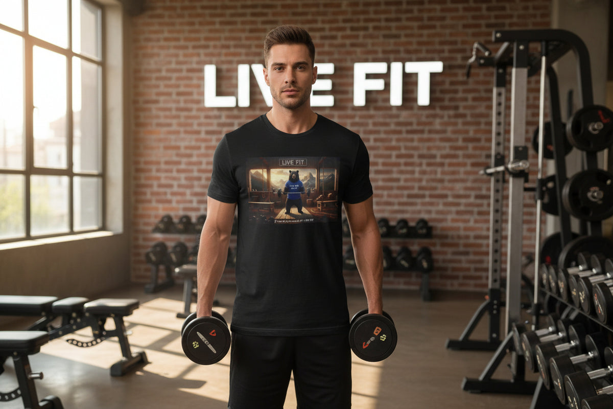 Man holding dumbbells in a gym with 'Live Fit' branding.