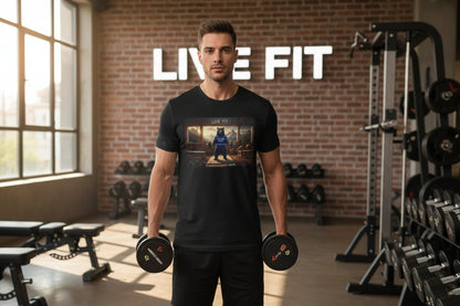 Man holding dumbbells in a gym with 'Live Fit' branding.