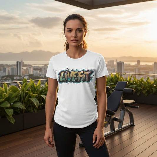 Woman wearing a 'LIVEFIT' t-shirt on a rooftop with a cityscape background.