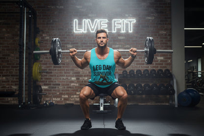 A man performing barbell squats in an inside gym wearing a light blue tank top that says Leg Day Survivor' with a 'Live Fit' neon sign on the wall behind him.
