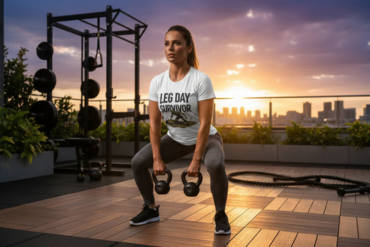 A woman wearing a white Leg Day Survivor! t-shirt exercising with kettlebells on a rooftop at sunset.