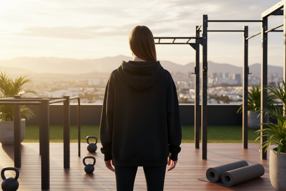 A woman standing on a rooftop deck with fitness equipment and a cityscape view.