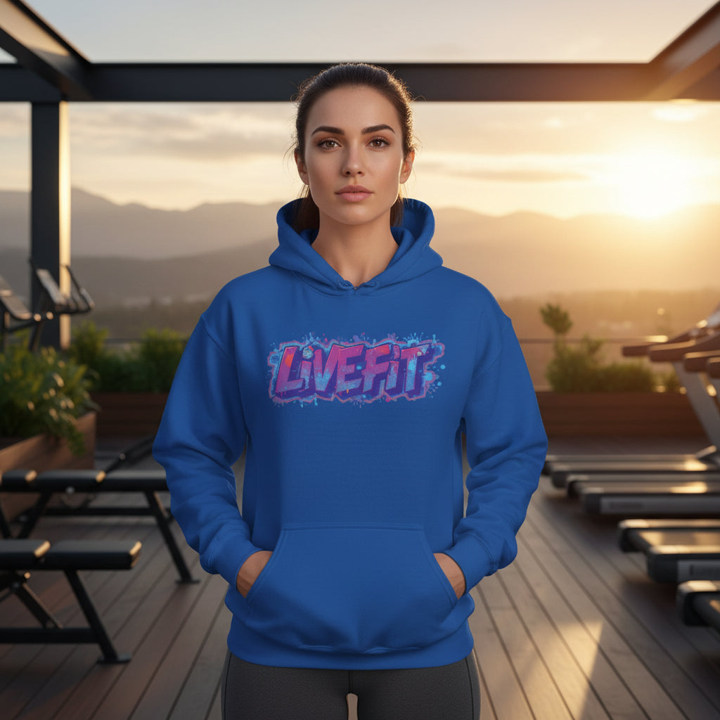 A woman wearing a blue hoodie with 'LIVE FIT' text in a gym setting.