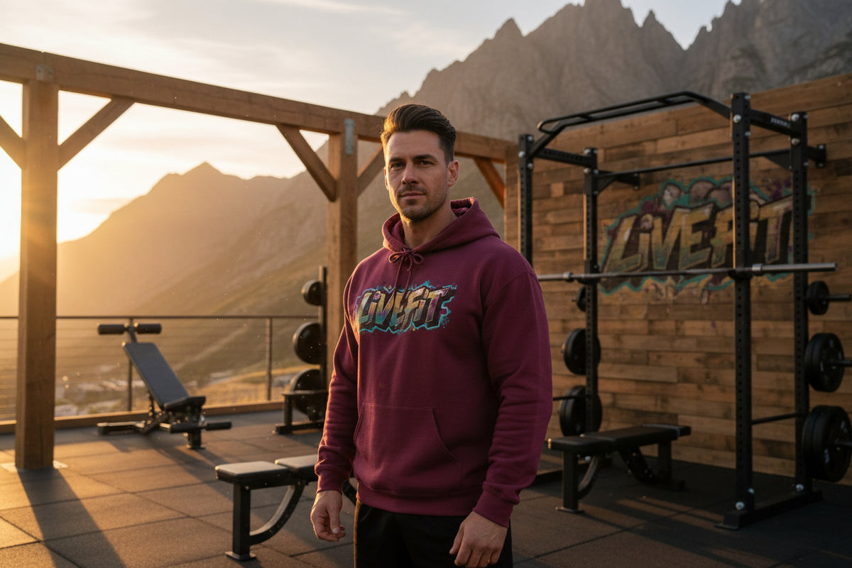 Maroon hoodie with 'LIVE FIT' text in a colorful design in an outdoor gym with mountains in the background.