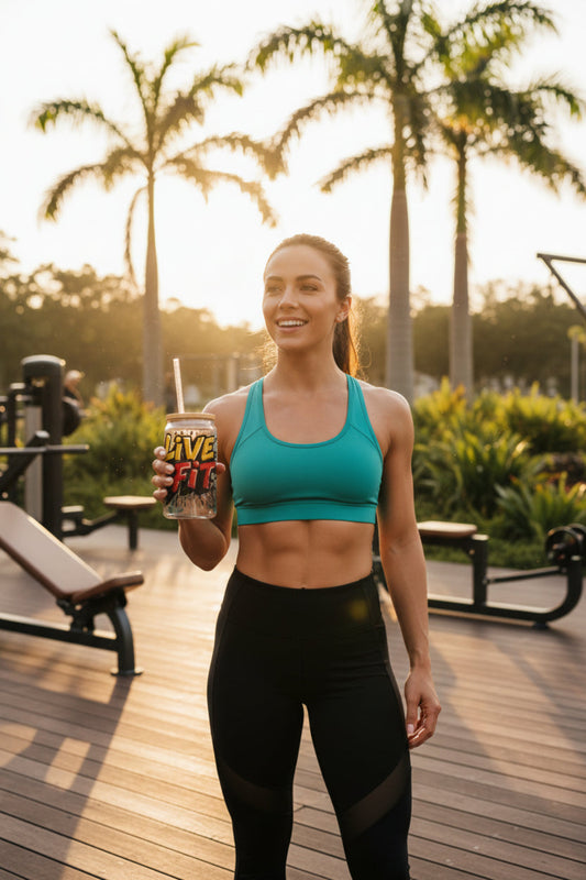 Clear tumbler with 'Live Fit' text, bamboo lid, and straw in an outdoor gym setting.