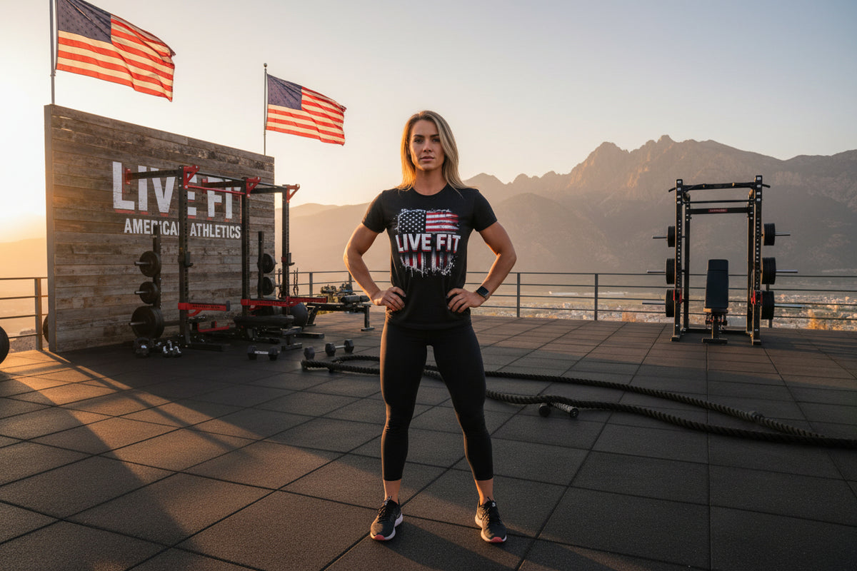 Black t-shirt with an American flag design and 'LIVE FIT' text.