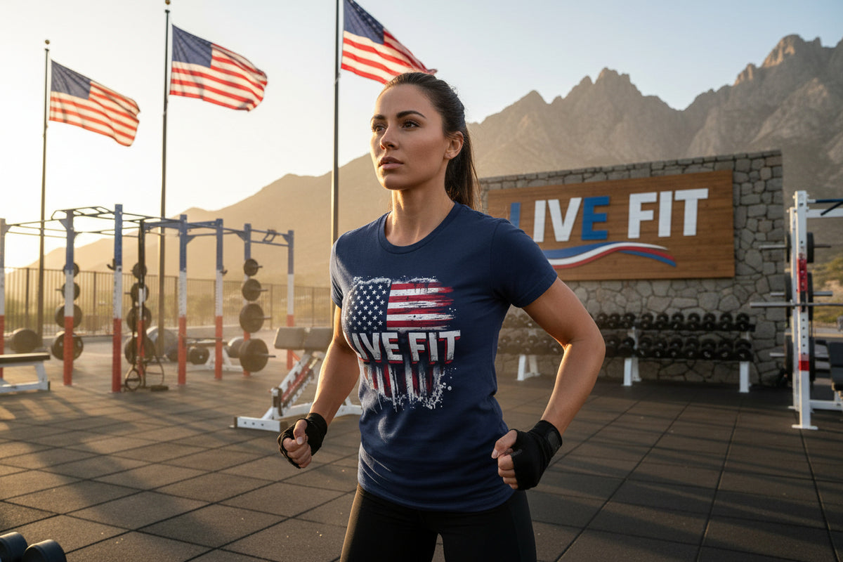 Navy blue t-shirt with an American flag and 'LIVE FIT' text.