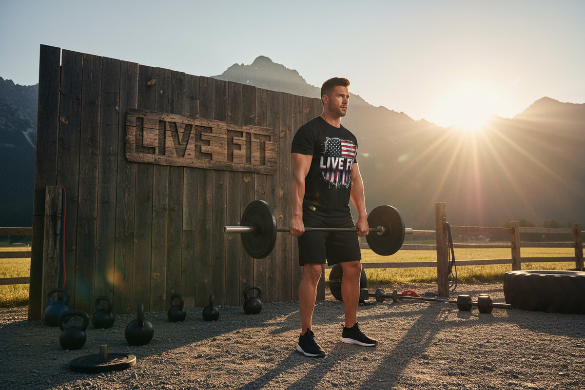 Black t-shirt with an American flag and 'Live Fit' text.