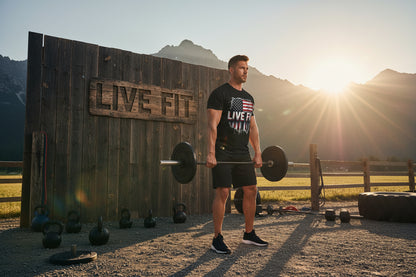 Black t-shirt with an American flag and 'Live Fit' text.