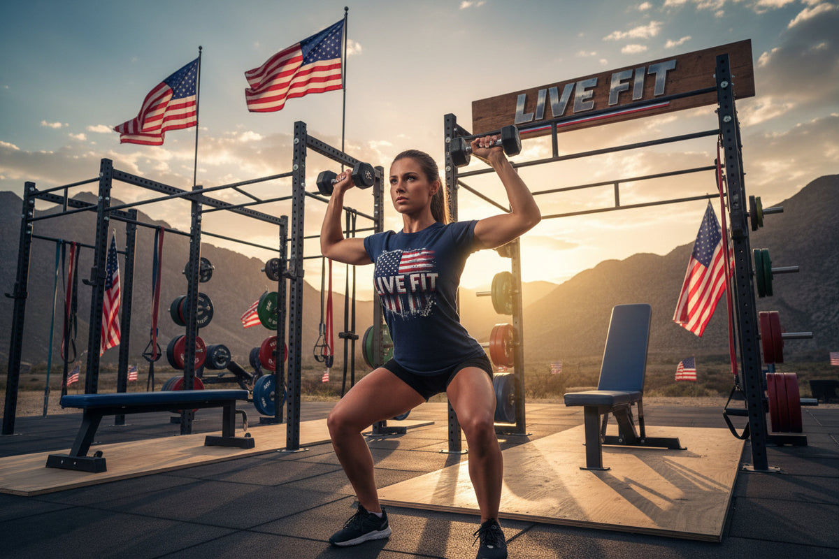 Navy blue t-shirt with an American flag and 'LIVE FIT' text.