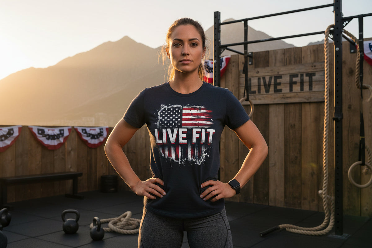 Black t-shirt with an American flag and 'Live Fit' text with a LIVE FIT sign and mountain background.