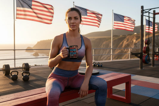 Black mug with motivational quote Don't Wish For It Work For It! with a vintage American flag backdrop with a gym beach background.