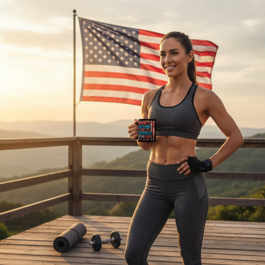 Woman in athletic wear holding a coffee mug that says Don't Wish For It Work For It! with an American flag in the background.