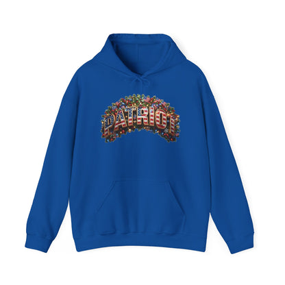 Blue hoodie with a patriotic Christmas graphic and PATRIOT text against a white background.