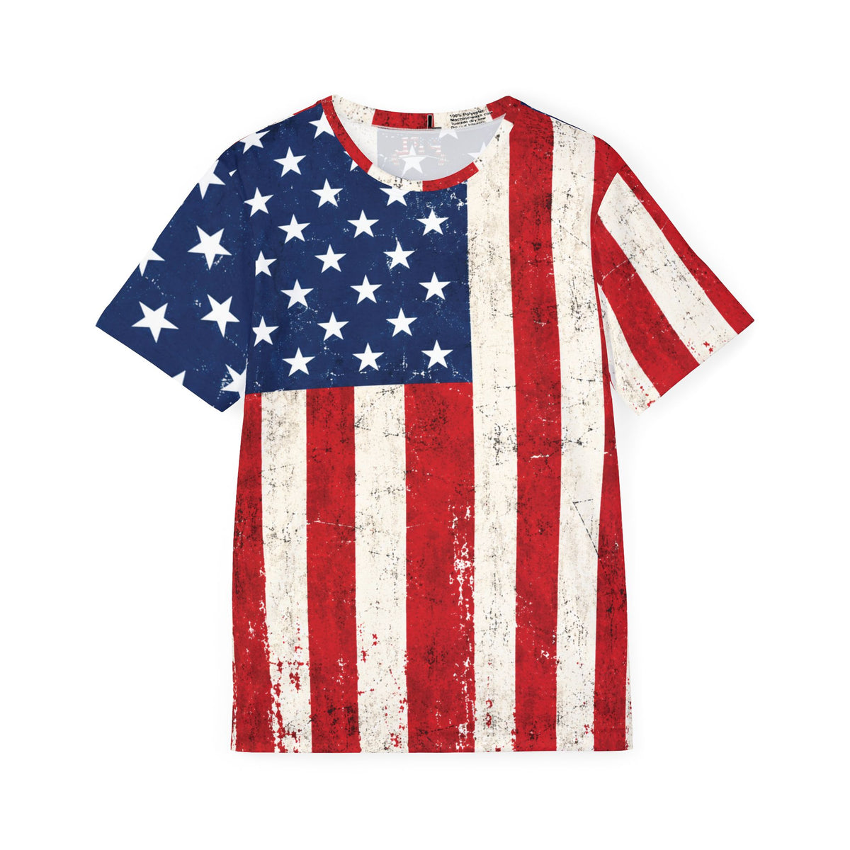 A short-sleeve crewneck t-shirt featuring a distressed, vintage-style American flag print with red and white stripes and white stars on a blue field, shown against a plain white background.