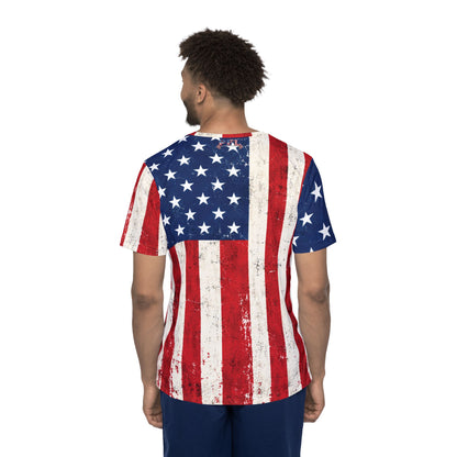 A man viewed from the back wearing a distressed American flag t-shirt design, set against a plain white background.