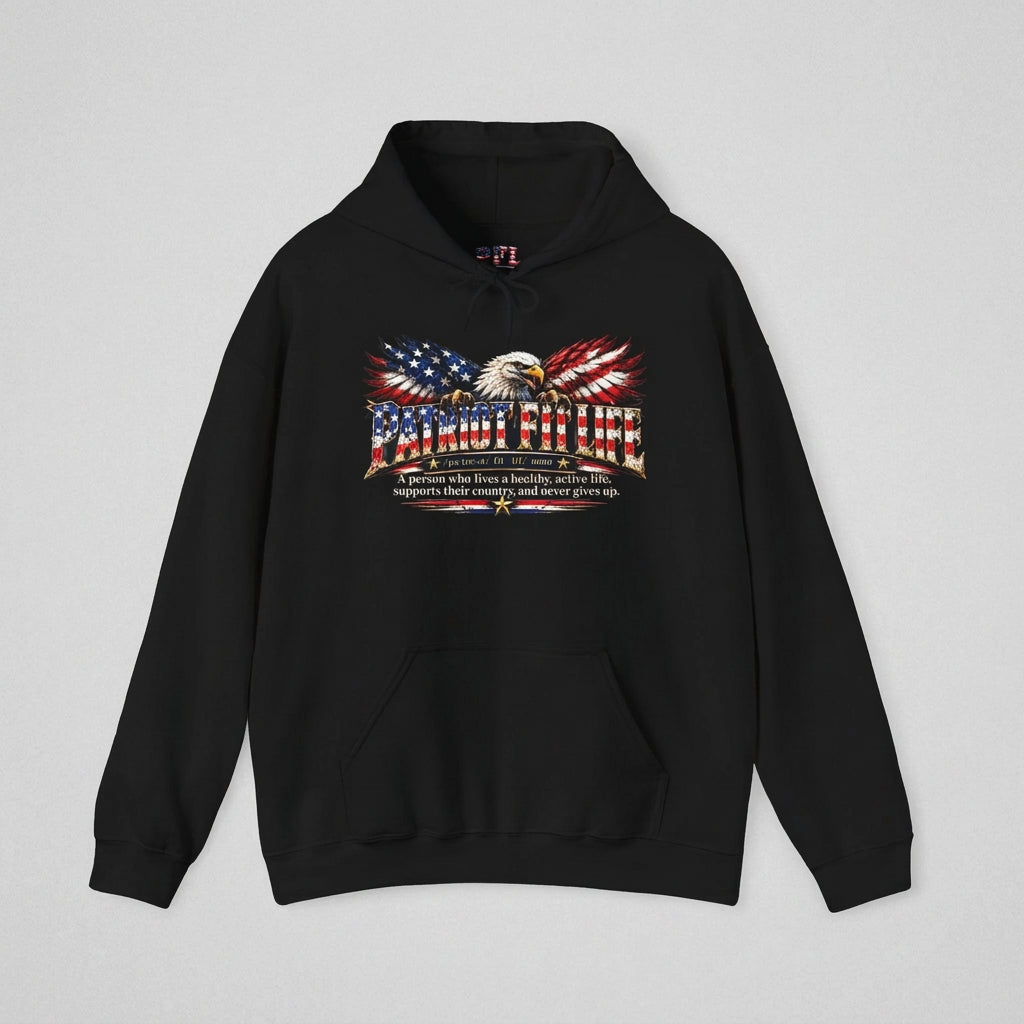 A black pullover hoodie featuring a PATRIOT FIT LIFE patriotic American flag graphic with a dictionary-style definition on the chest with an eagle and American flags.