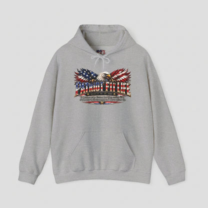 A light gray pullover hoodie featuring a PATRIOT FIT LIFE patriotic American flag graphic with a dictionary-style definition on the chest with an eagle and American flags.