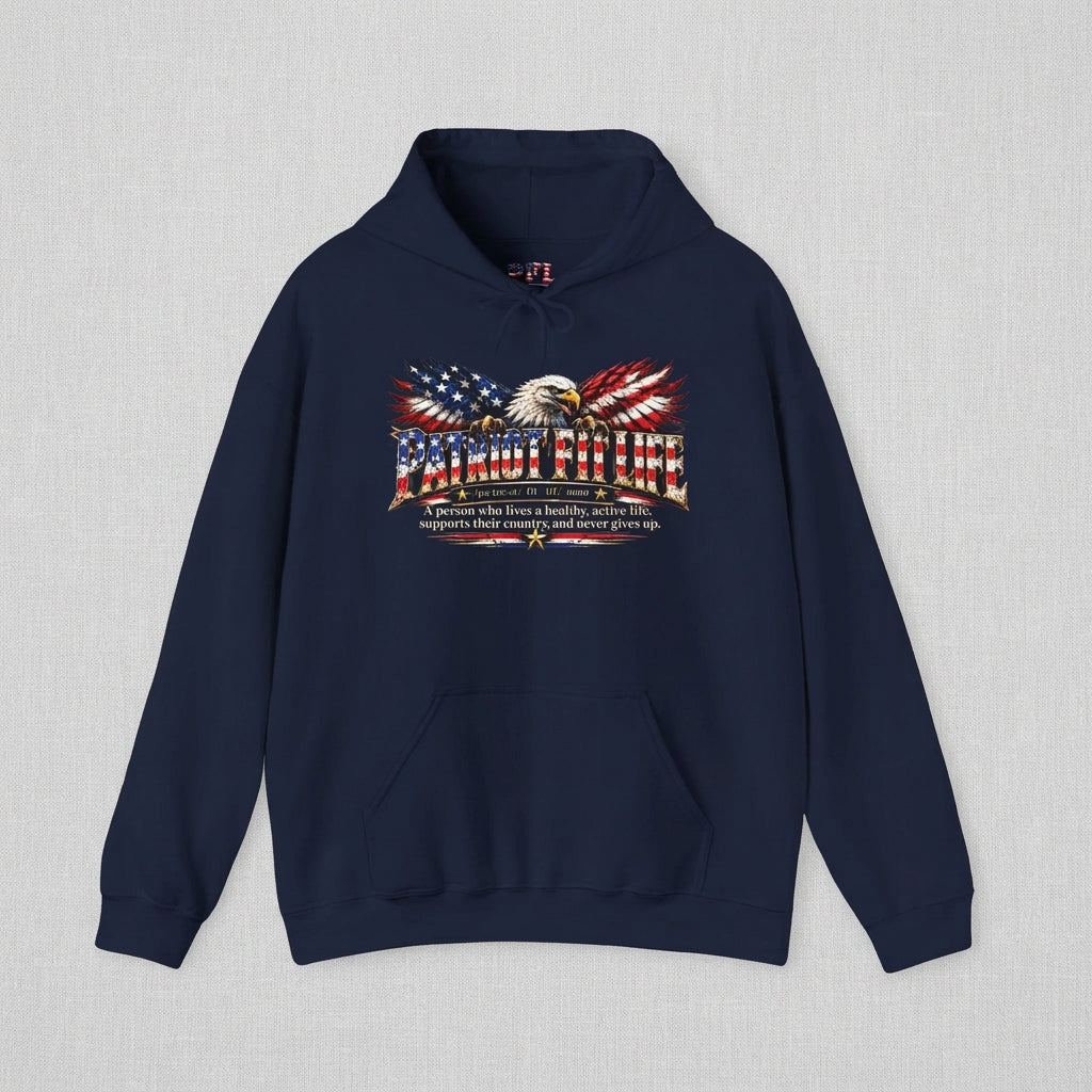 A navy blue pullover hoodie featuring a patriotic graphic on the chest with an eagle with American flag-patterned wings, American flag elements, and PATRIOT FIT LIFE text, with dictionary-style definition text, displayed against a clean solid white background.