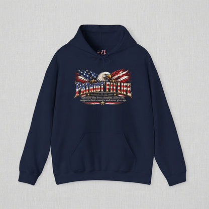 A navy blue pullover hoodie featuring a patriotic graphic on the chest with an eagle with American flag-patterned wings, American flag elements, and PATRIOT FIT LIFE text, with dictionary-style definition text, displayed against a clean solid white background.