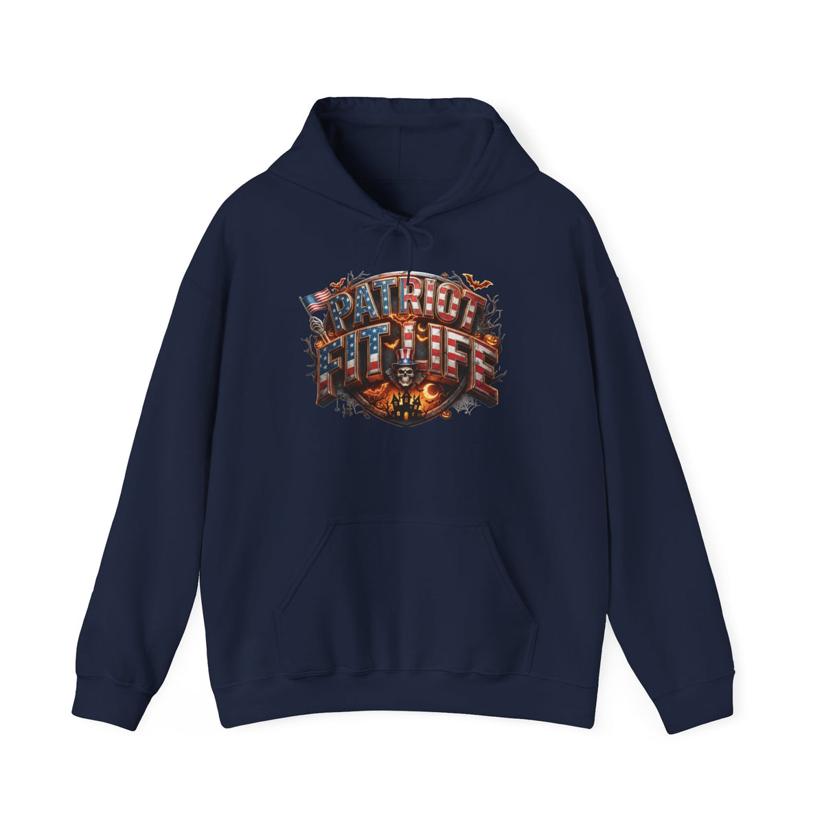 A navy blue hoodie with a colorful Halloween PATRIOT FIT LIFE graphic design against a white background.