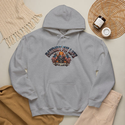 A light gray pullover hoodie with a patriotic Halloween colorful graphic on the chest reading 'PATRIOT FIT LIFE.