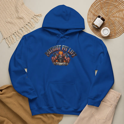 Blue hoodie with a colorful, patriotic, Halloween-vibe graphic with PATRIOT FIT LIFE American flag pattern text.