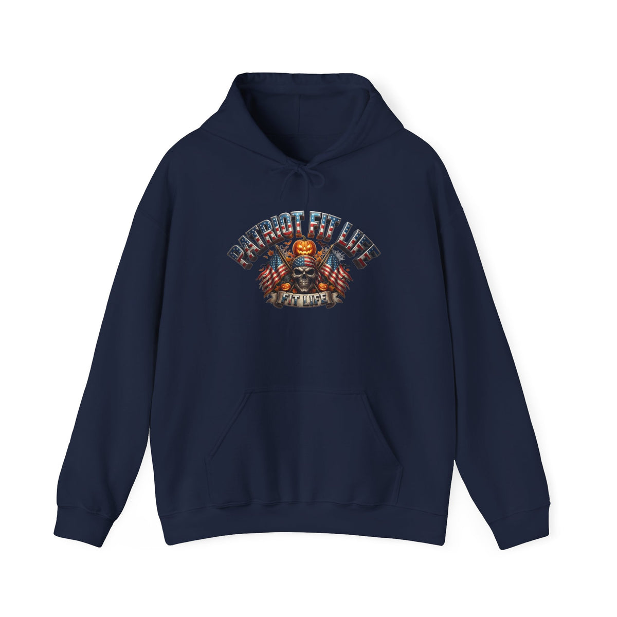 Navy blue hoodie with a patriotic Halloween vibe graphic design that reads PATRIOT FIT LIFE against a white background.