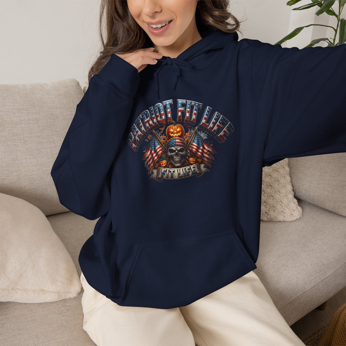 A woman wearing a patriotic Halloween vibe navy blue hoodie with 'PATRIOT FIT LIFE' text.