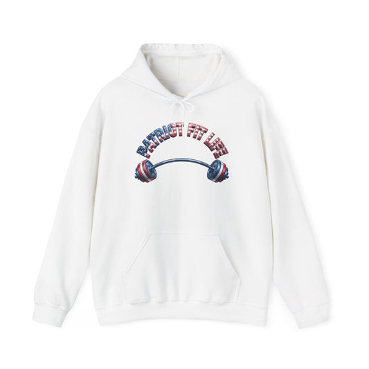 A white pullover hoodie with a front graphic featuring the text 'PATRIOT FIT LIFE' in an American flag pattern above a barbell with red, white, and blue weight plates.