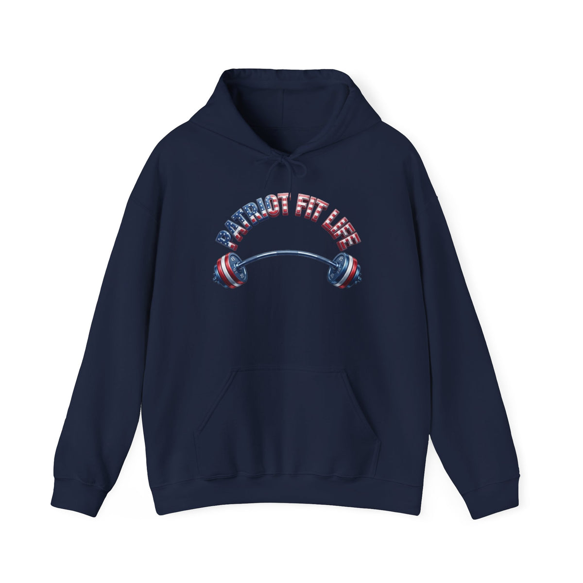 Black hoodie with 'Patriot Fit Life' text against a white background.