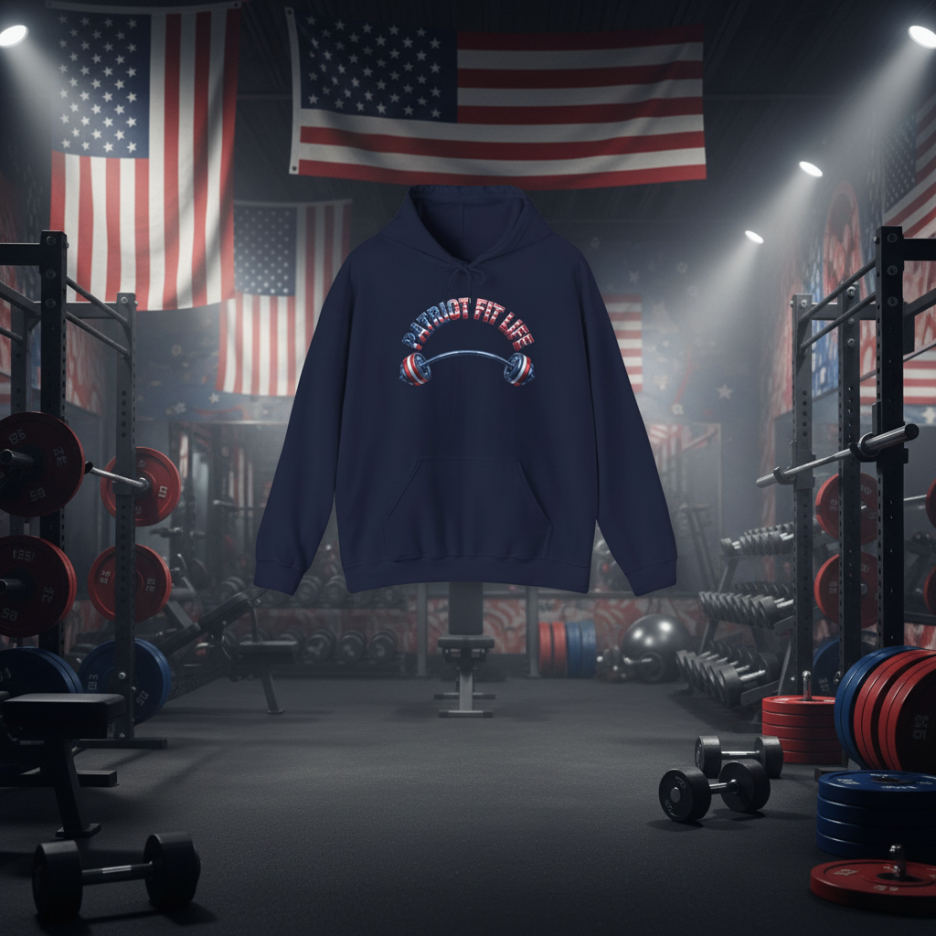 A navy blue hoodie with a patriotic red, white, and blue 'Patriot Fit Life' graphic that is floating centered in a gym setting with American flags hanging in the background.