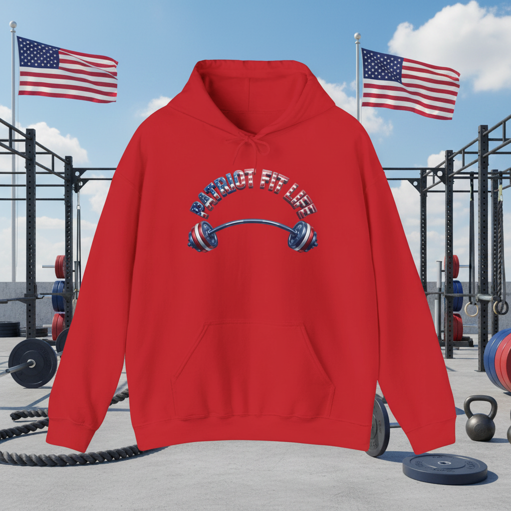 A red pullover hoodie with a graphic reading 'PATRIOT FIT LIFE' above a barbell design, shown centered against an outdoor gym backdrop with American flags, weights, and exercise equipment.