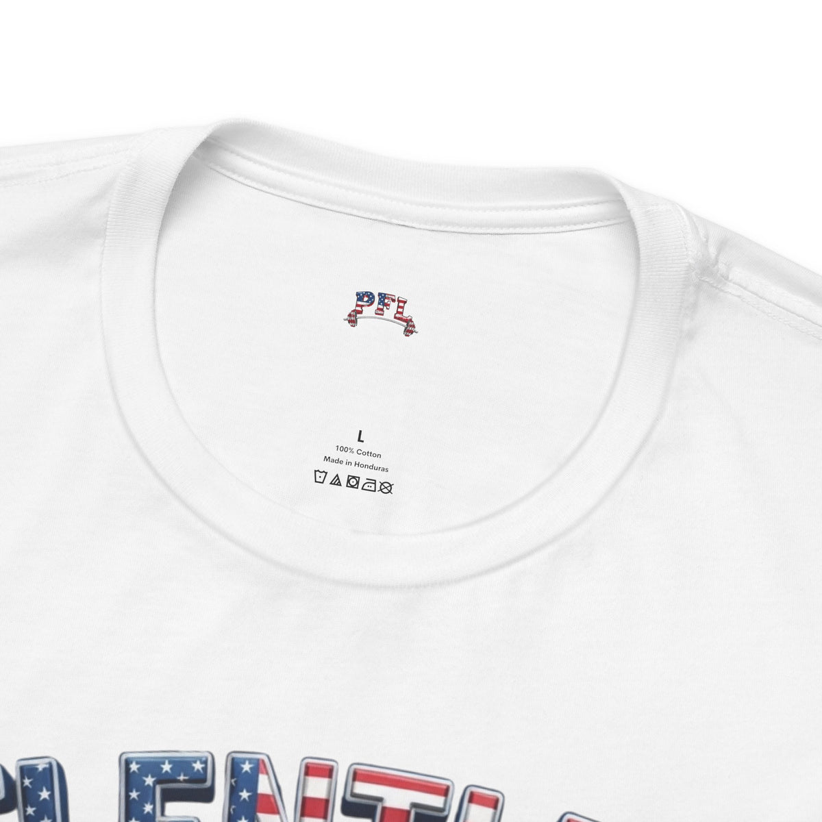 Close-up of a white short-sleeve t-shirt showing the inner neck label with a small red, white, and blue graphic, and part of a patriotic red, white, and blue graphic on the lower front.