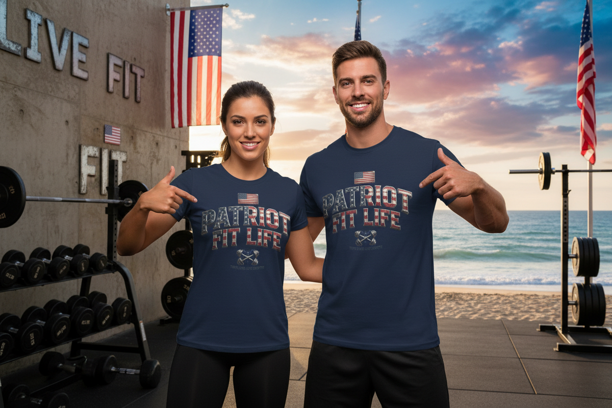 A man and a woman standing in an outdoor gym setting with a beach backdrop, wearing matching navy blue t-shirts that read 'PATRIOT FIT LIFE' with a small American flag graphic above the text.