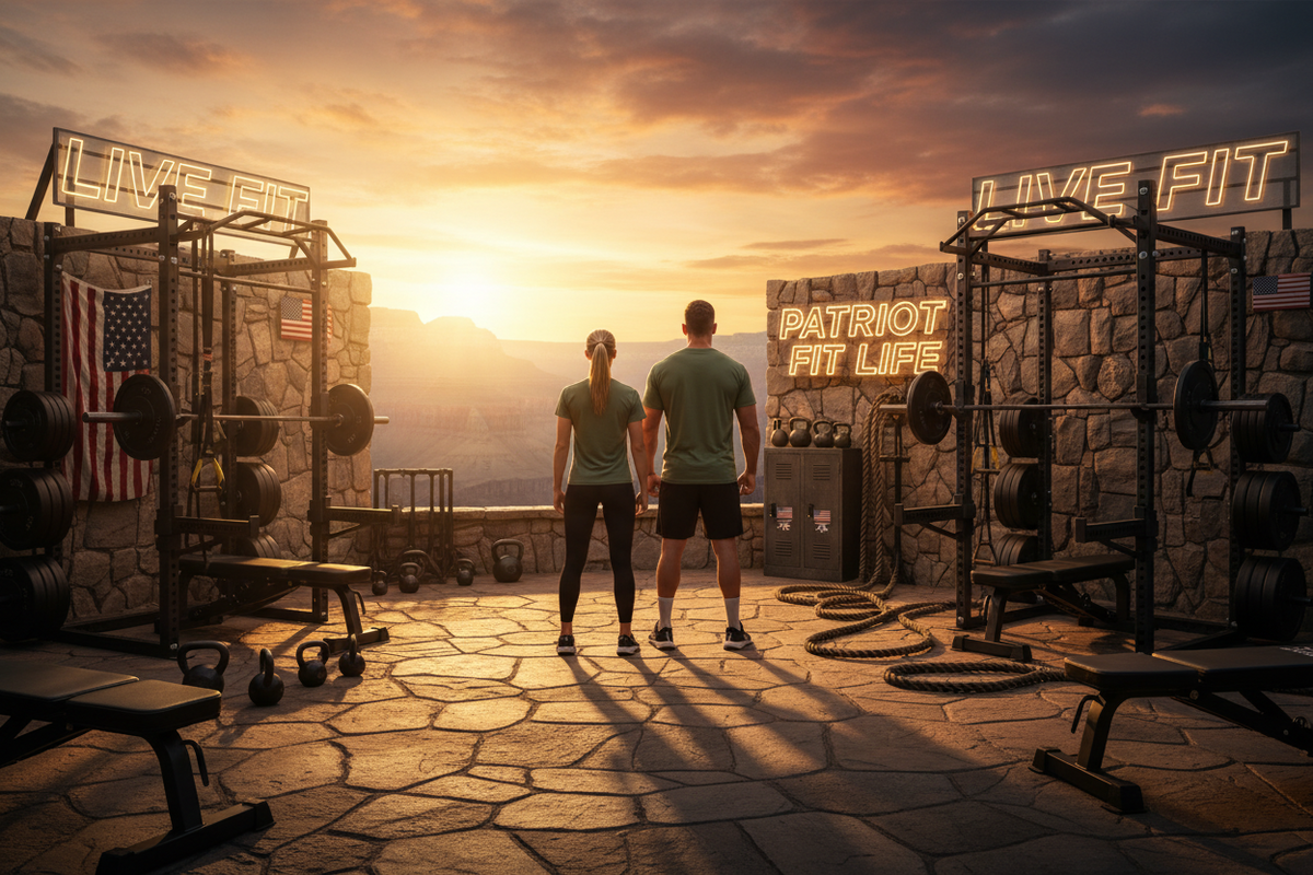 Two people standing on a stone workout deck at sunset in a fully equipped gym with weight racks, benches, kettlebells, and neon 'LIVE FIT' and 'PATRIOT FIT LIFE' signs.