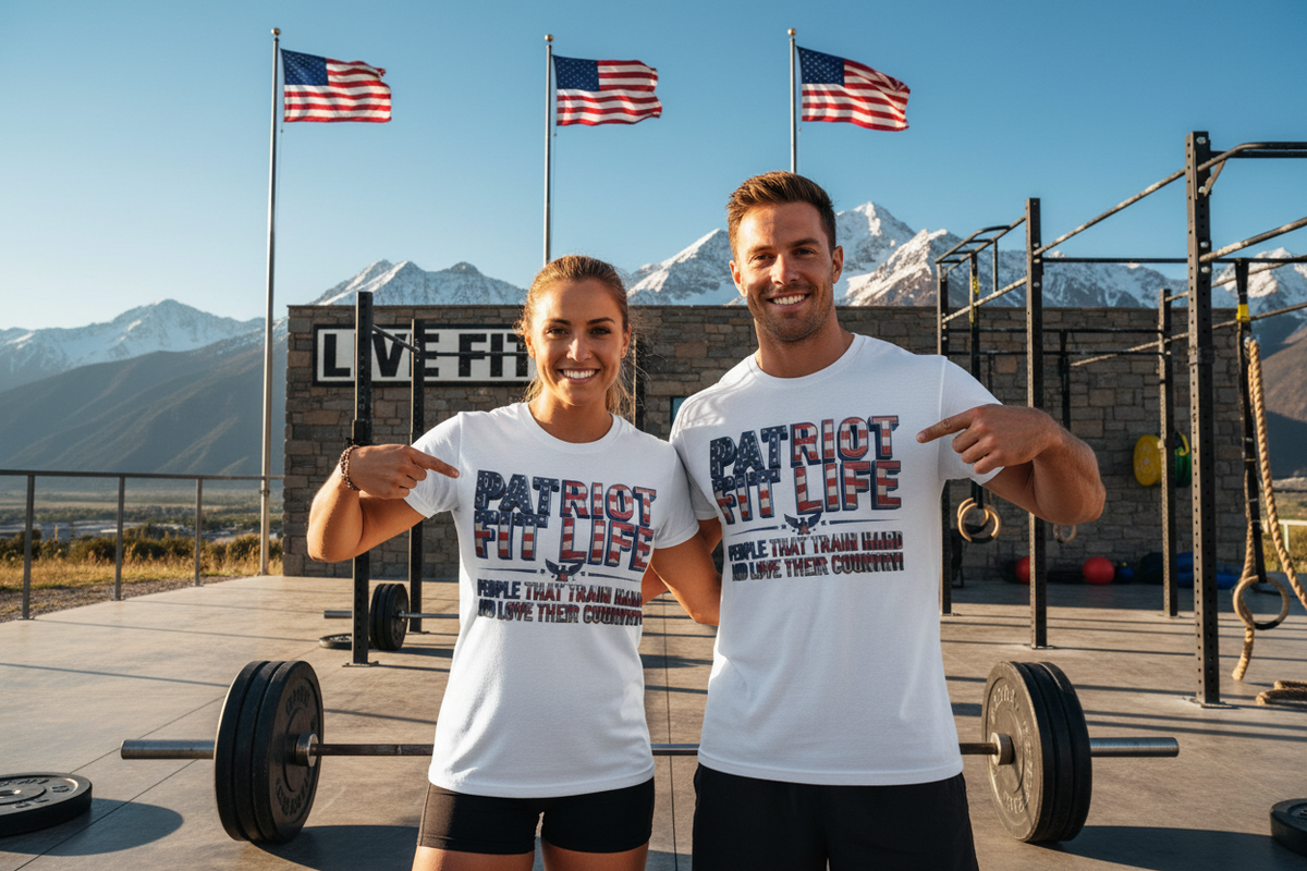 A man and a woman standing in an outdoor mountain gym wearing matching white t-shirts with patriotic red, white, and blue graphics that read 'PATRIOT FIT LIFE' and 'PEOPLE THAT TRAIN HARD AND LOVE THEIR COUNTRY!'.