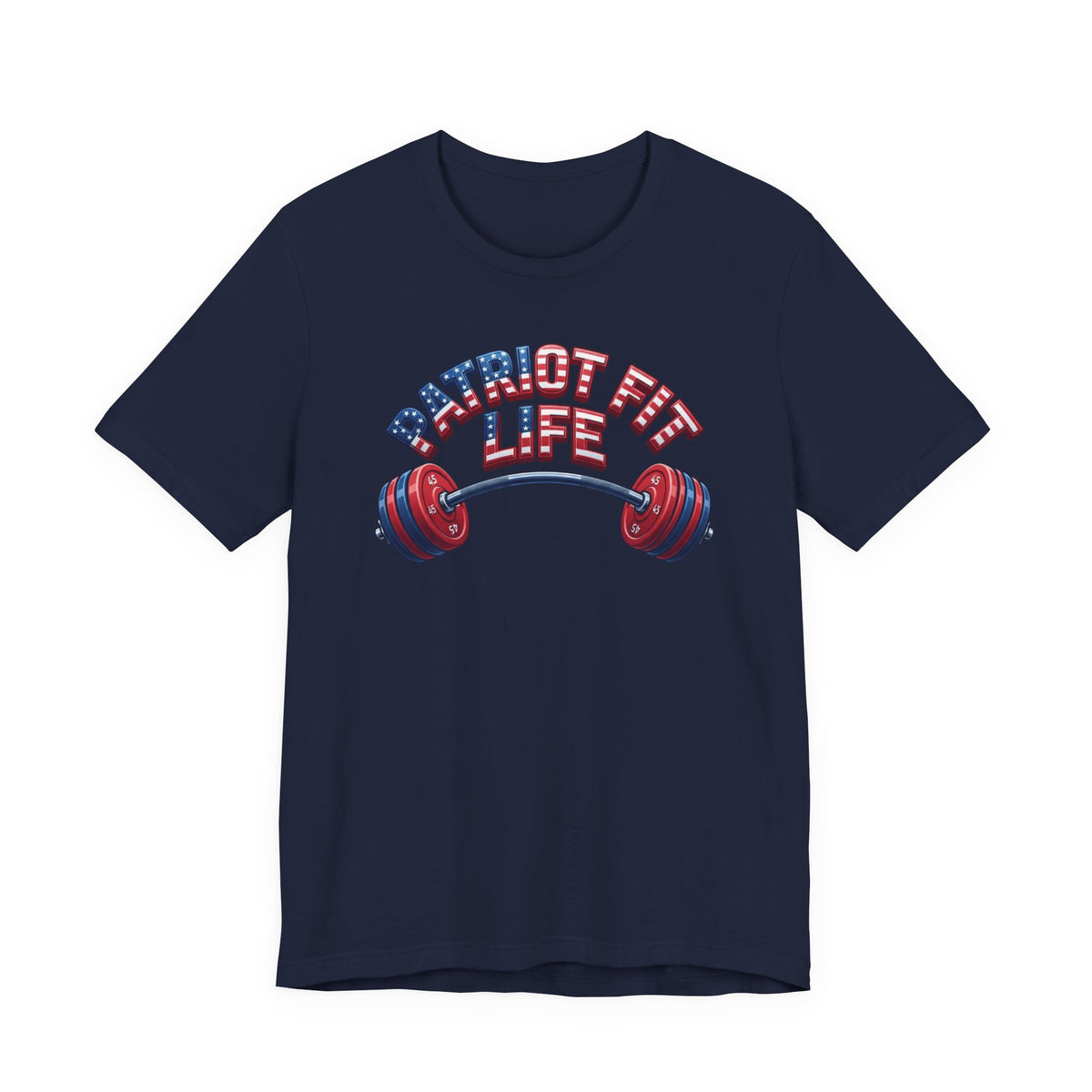 A navy blue short-sleeve t-shirt with a graphic on the chest that reads 'PATRIOT FIT LIFE' in red, white, and blue above a red and blue barbell illustration, shown on a plain white background.