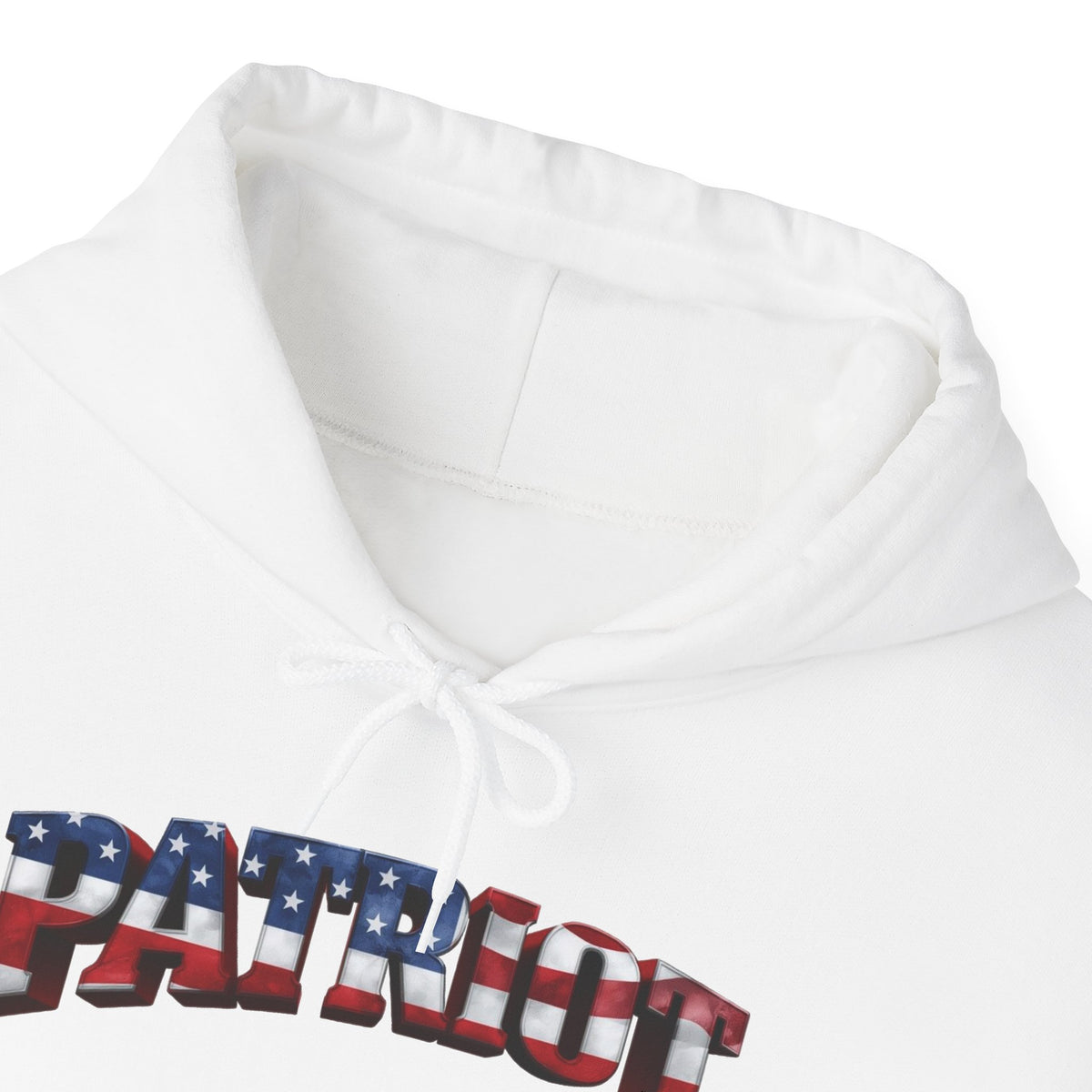 Close-up of a white hoodie showing the hood and a partial graphic across the chest with the word 'PATRIOT' filled with an American flag pattern of red, white, and blue with white stars.