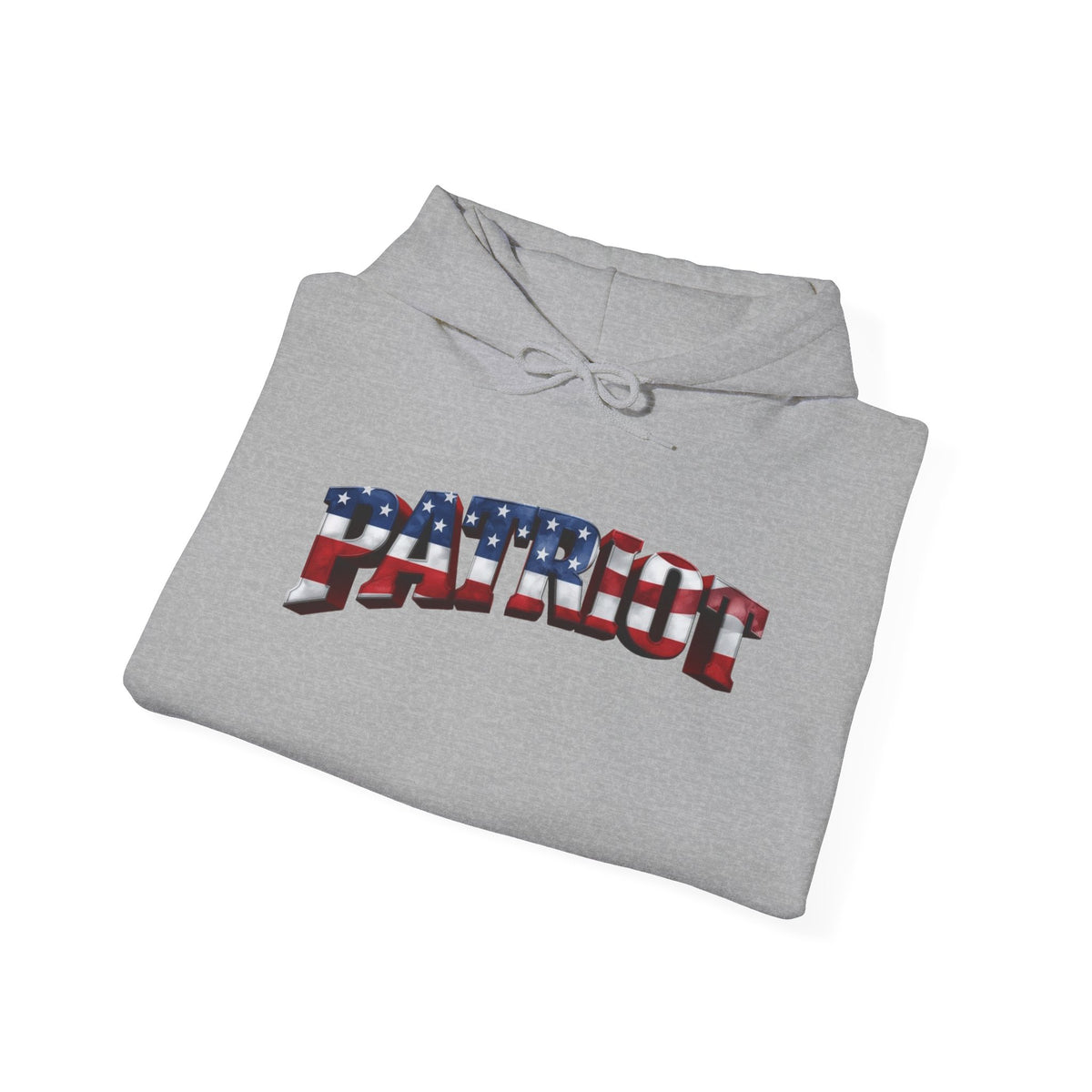 Folded gray hoodie with 'Patriot' text in American flag design on a white background