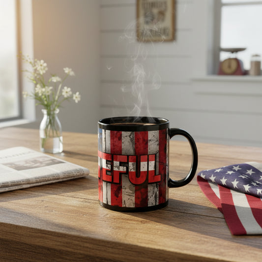 Black ceramic mug with a 'Grateful' text design and a vintage American flag background.