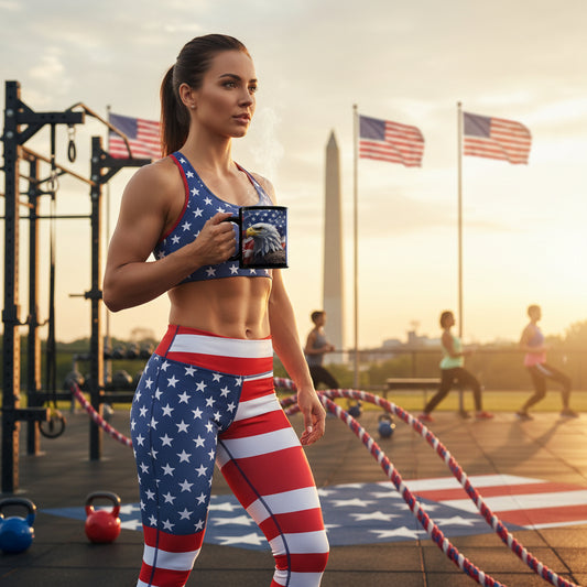Black mug with a bald eagle and an American flag design in front of an American flag.