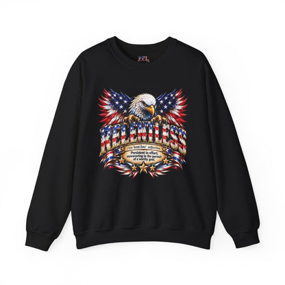 A black crewneck sweatshirt featuring a large patriotic RELENTLESS graphic of an eagle with American flag-patterned wings and a dictionary-style definition text below.