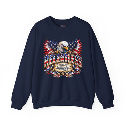 A navy blue crewneck sweatshirt featuring a large RELENTLESS patriotic graphic of an eagle and American flags on the front, with a banner containing the dictionary-style definition text.