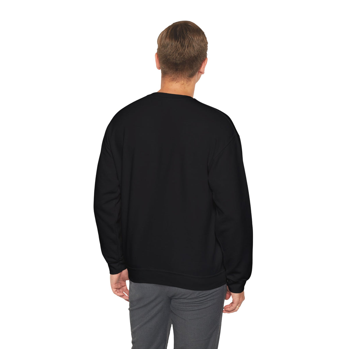 A man pictured from behind wearing a black sweatshirt against a white background.