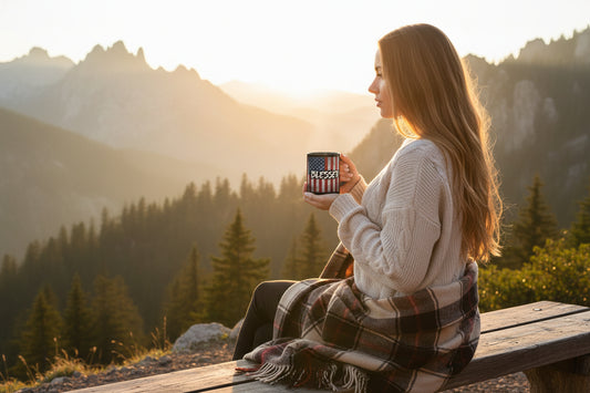 Black mug with vintage American flag design and 'BLESSED' text with a scenic background.