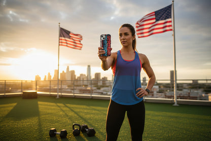 A woman taking a selfie showing an Iphone case that says Stronger Than Yesterday on a rooftop with American flags and city skyline in the background.